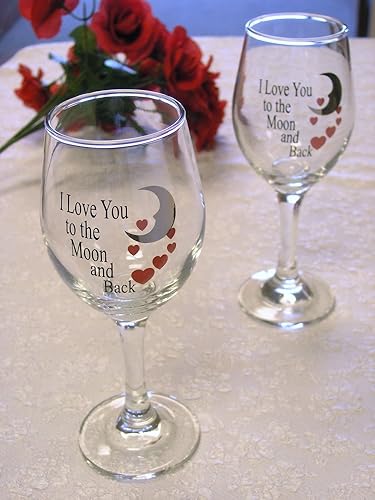 Miniatura 7 de Lovers - Juego de 2 copas de vino, con texto en inglés "I Love You to the Moon & Back with Red Hearts", diseño de corazón, aniversario, boda,