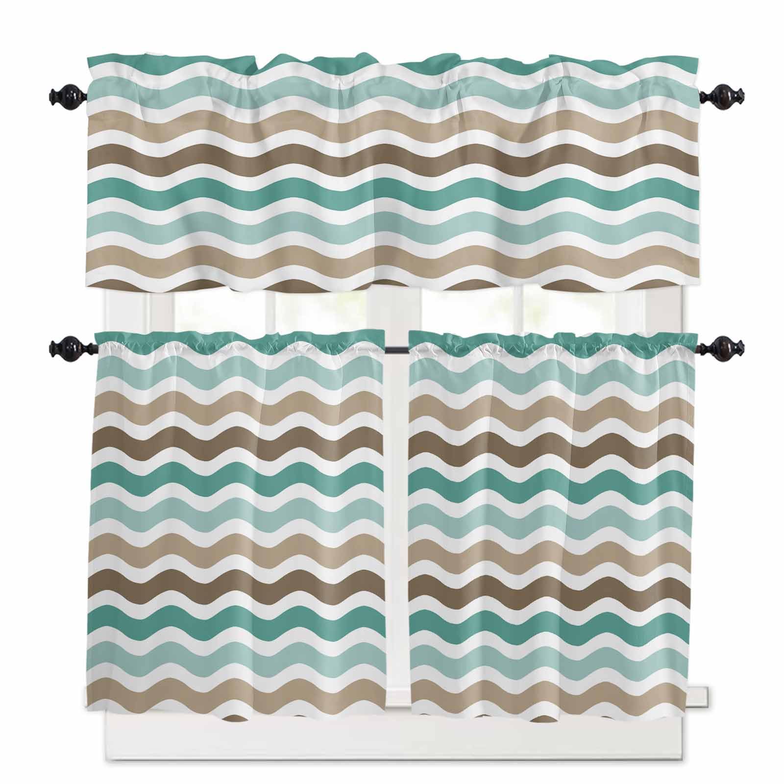 Teal Brown Ombre Kitchen Curtains 36 Inch Length,3 Piece Rod Pocket Small Half Tiers and Valance Set,Geometric Striped Water Ripple White Small Large Window Treatment Decor for Bedroom/Bathroom Sink