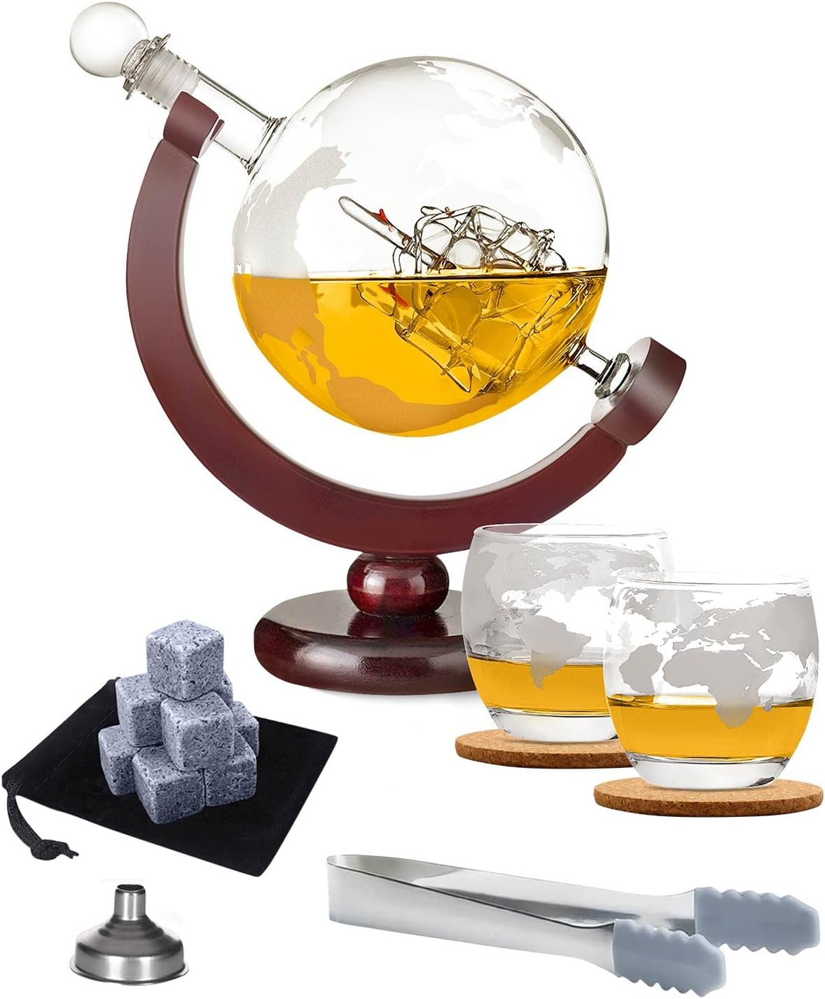 Maxesla Whiskey Decanter and Glass Set, 850ml Whiskey Globe Decanter with Glass Stopper, 2 Etched Globe Glasses, Stainless Steel Pouring Funnel and Whiskey Stones, Best Birthday Xmas Gift for Men