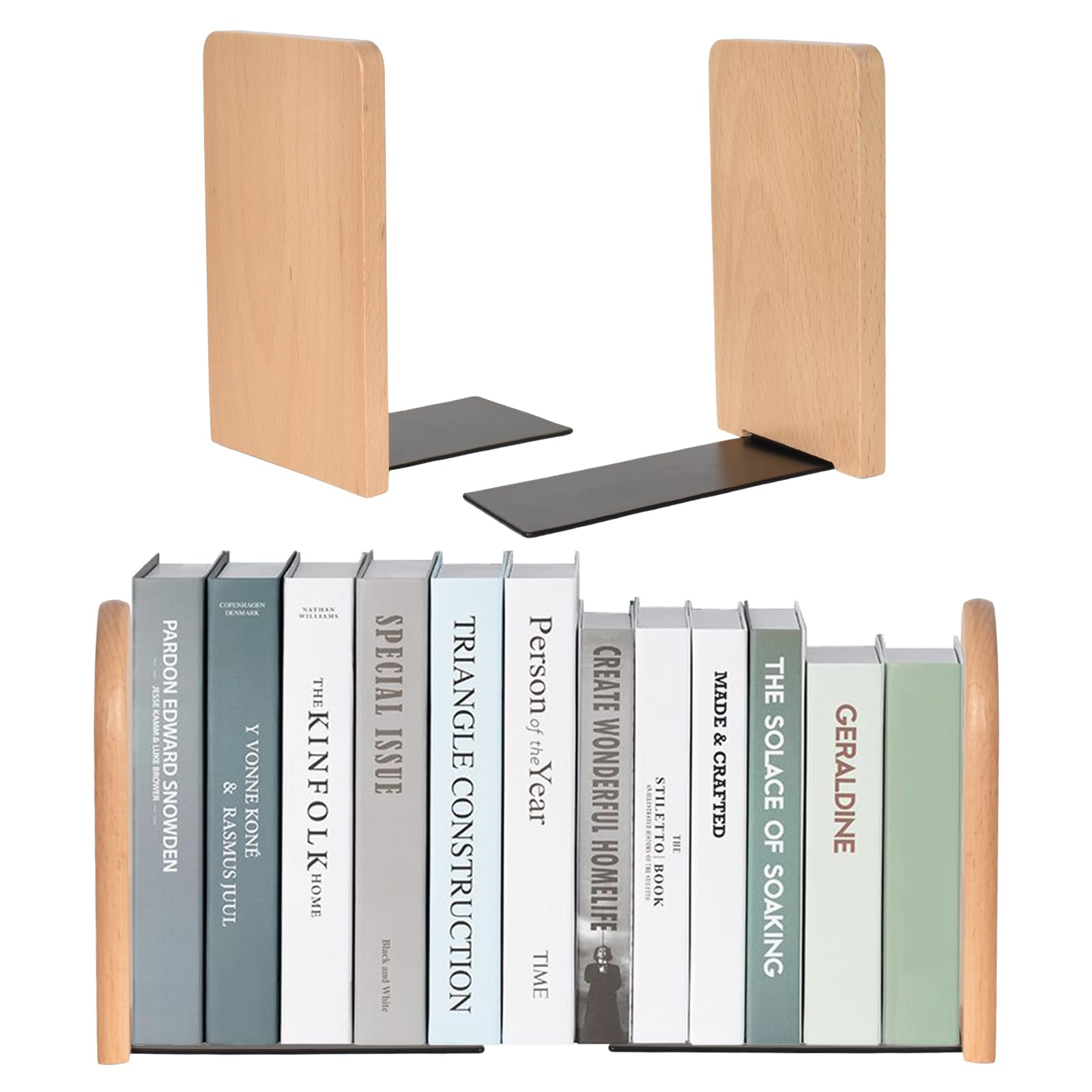 2 Pair Beech Wood Book Ends for Shelves Non-Slip Bookends
