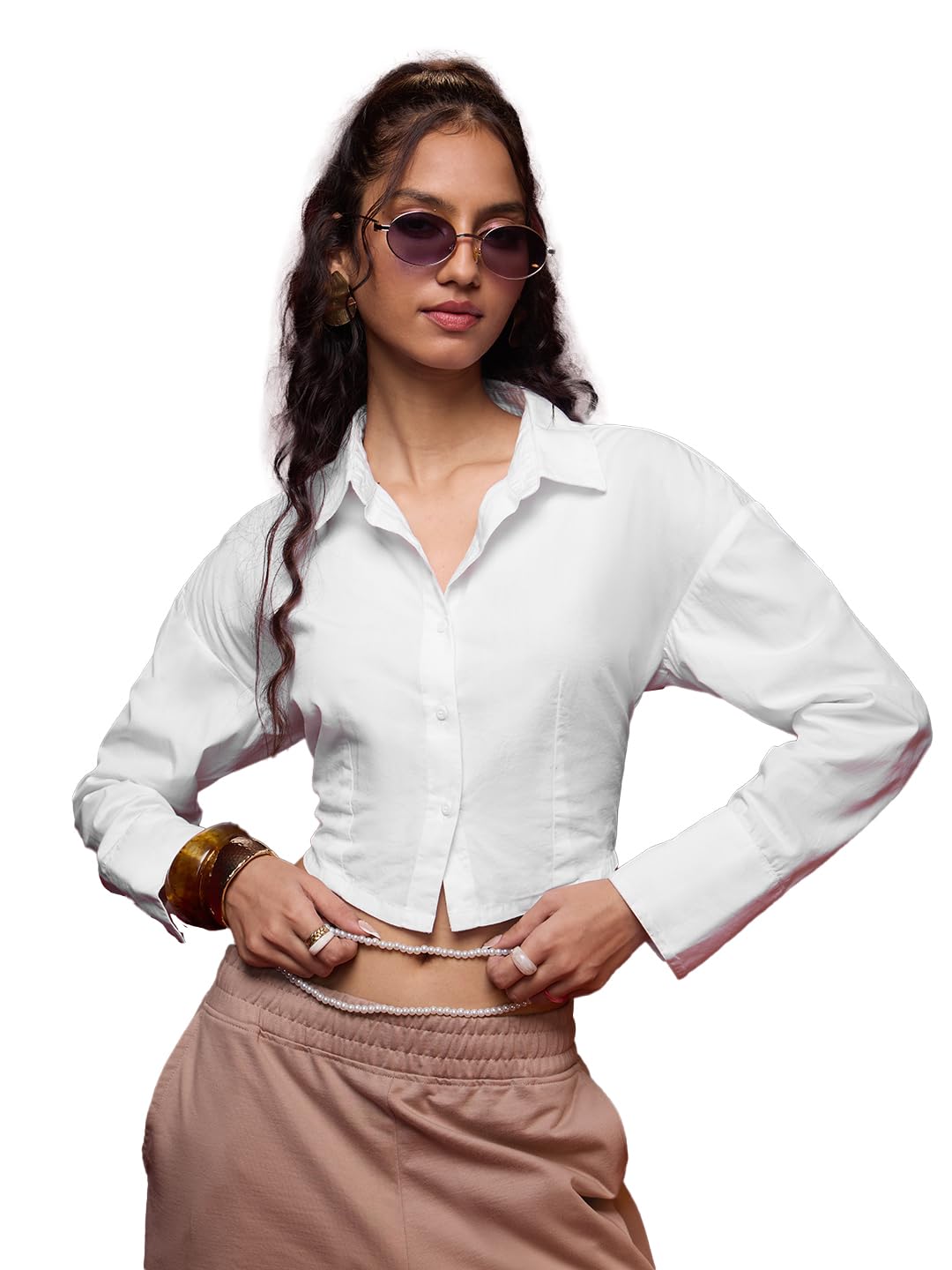 cropped shirt: ivory women and girls long sleeves collared neck button front solid white cotton oversized fit lightweight cropped tops
