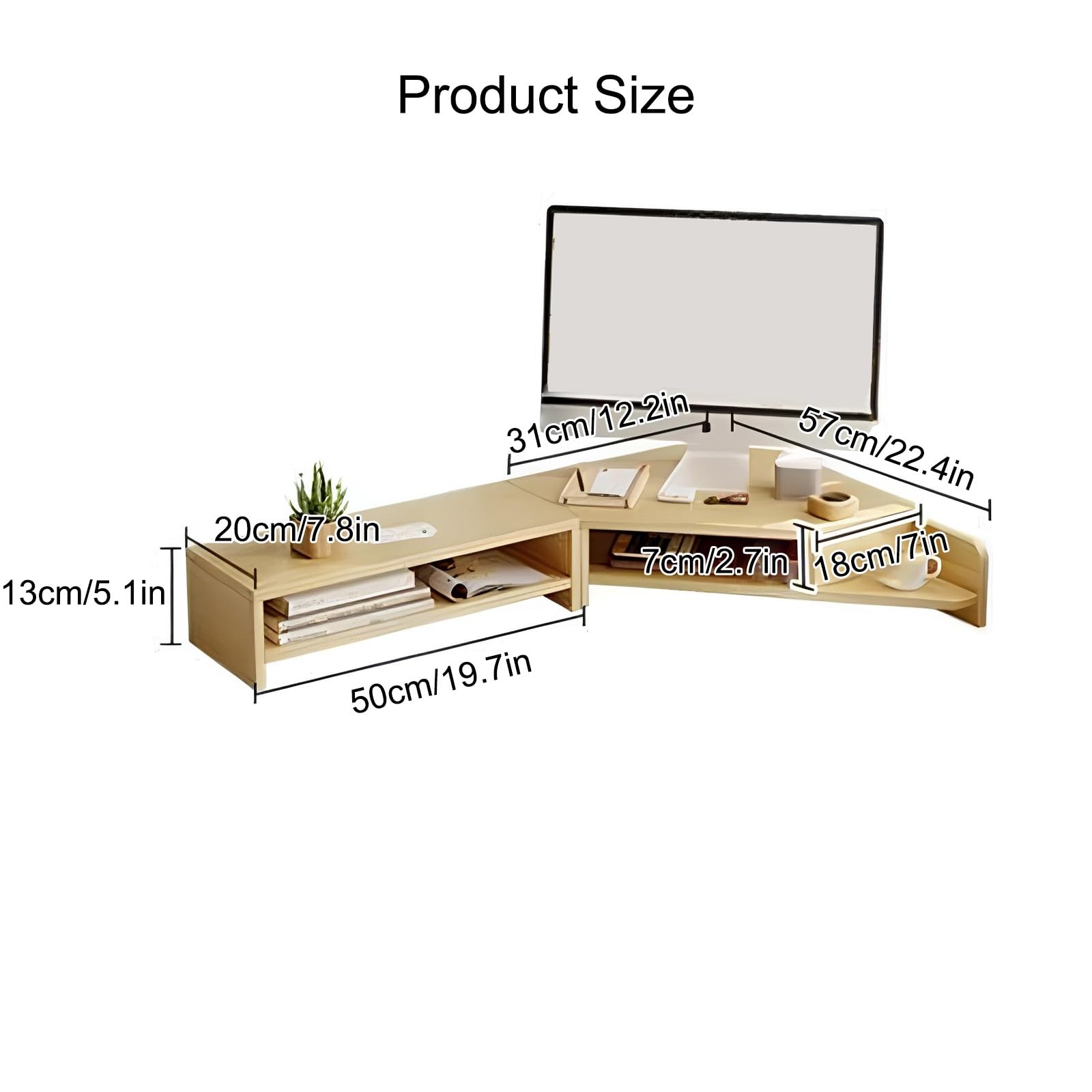 Supporto angolare ergonomico per Monitor, Rialzo da scrivania con portabicchieri e 2 Ripiani portaoggetti, Organizer salvaspazio per scrivania da Ufficio