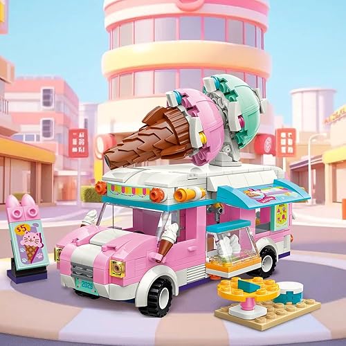 Miniatura 2 de QMAN Juego de juguetes de construcción para niñas, camión de helado rosa, juguete de ladrillos de construcción, juguete de vehículo de venta de