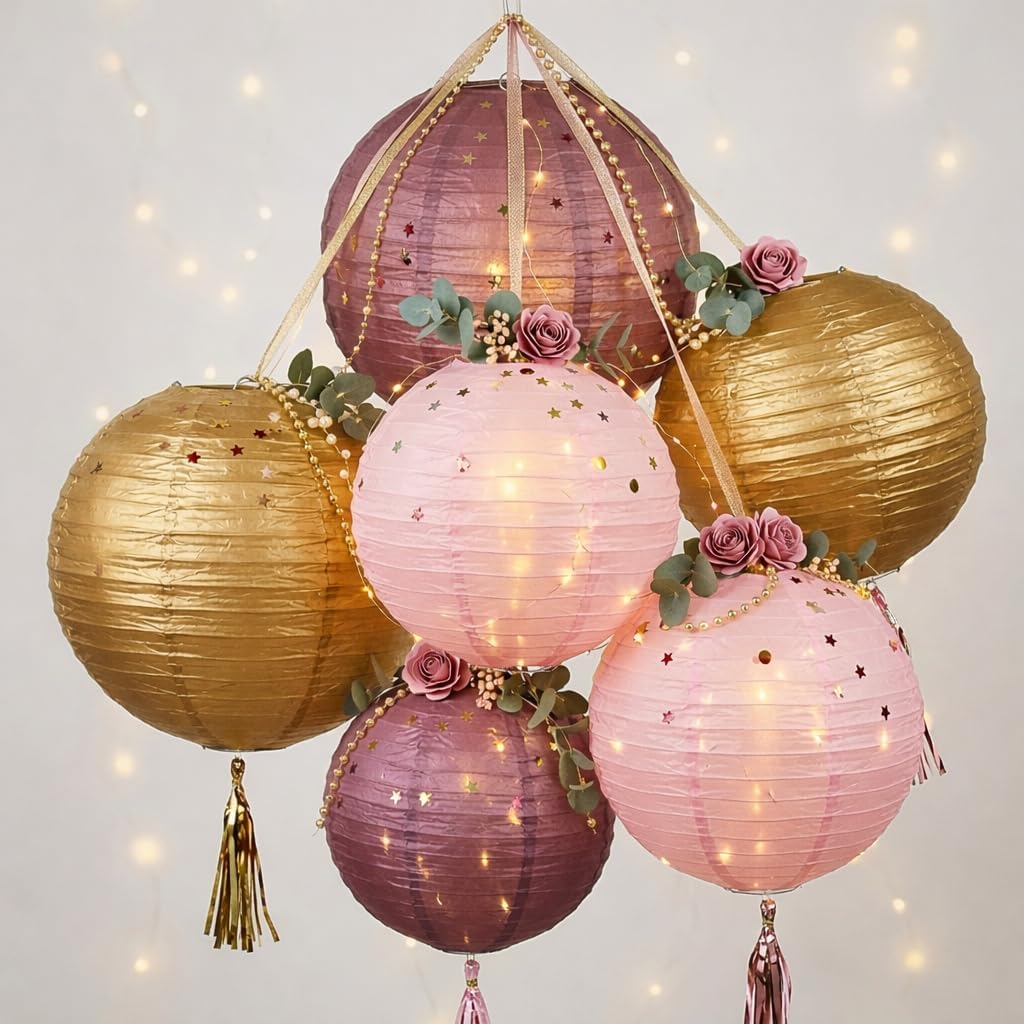 Andaz Press Burgundy Blush Paper Lanterns Party Decorations Set of 6, Dusty Rose Hanging Paper Lanterns for Bridal Shower Birthday Prom Wedding Mauve Pink and Gold Assorted Decorative Lantern Set