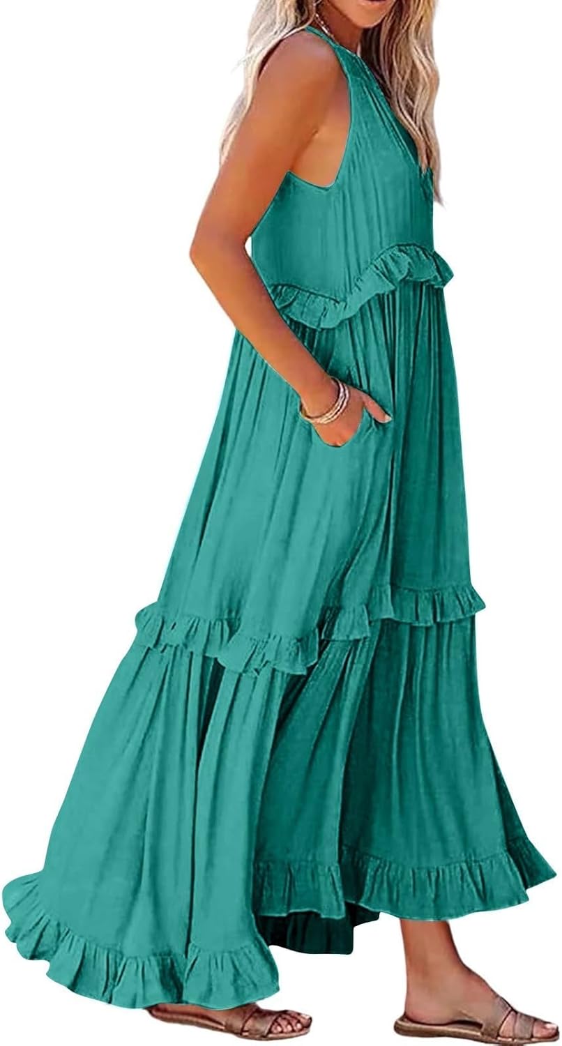 Boho Halter Maxi Dresses for Women Sleeveless Ruffle Vacation Beach Flowy Dress Summer Party Boho Maxi Dress - Image 2