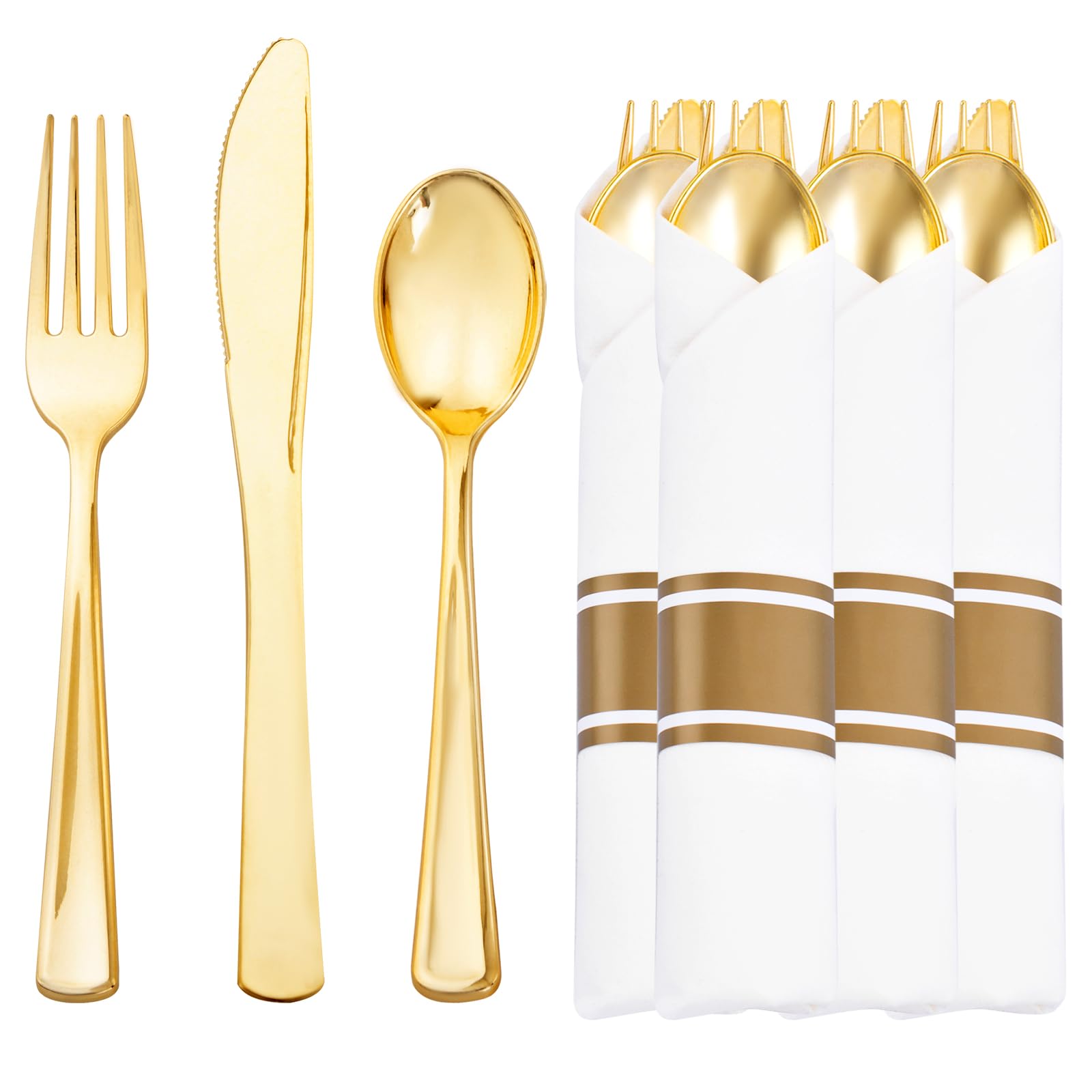 Liacere 100 Pack Pre Rolled Gold Silverware and Napkin - Disposable Gold Plastic Utensils - Wrapped Plastic Cutlery Set with Napkin : 100 Forks, 100 Knives, 100 Spoons, 100 Napkins for Party &Wedding