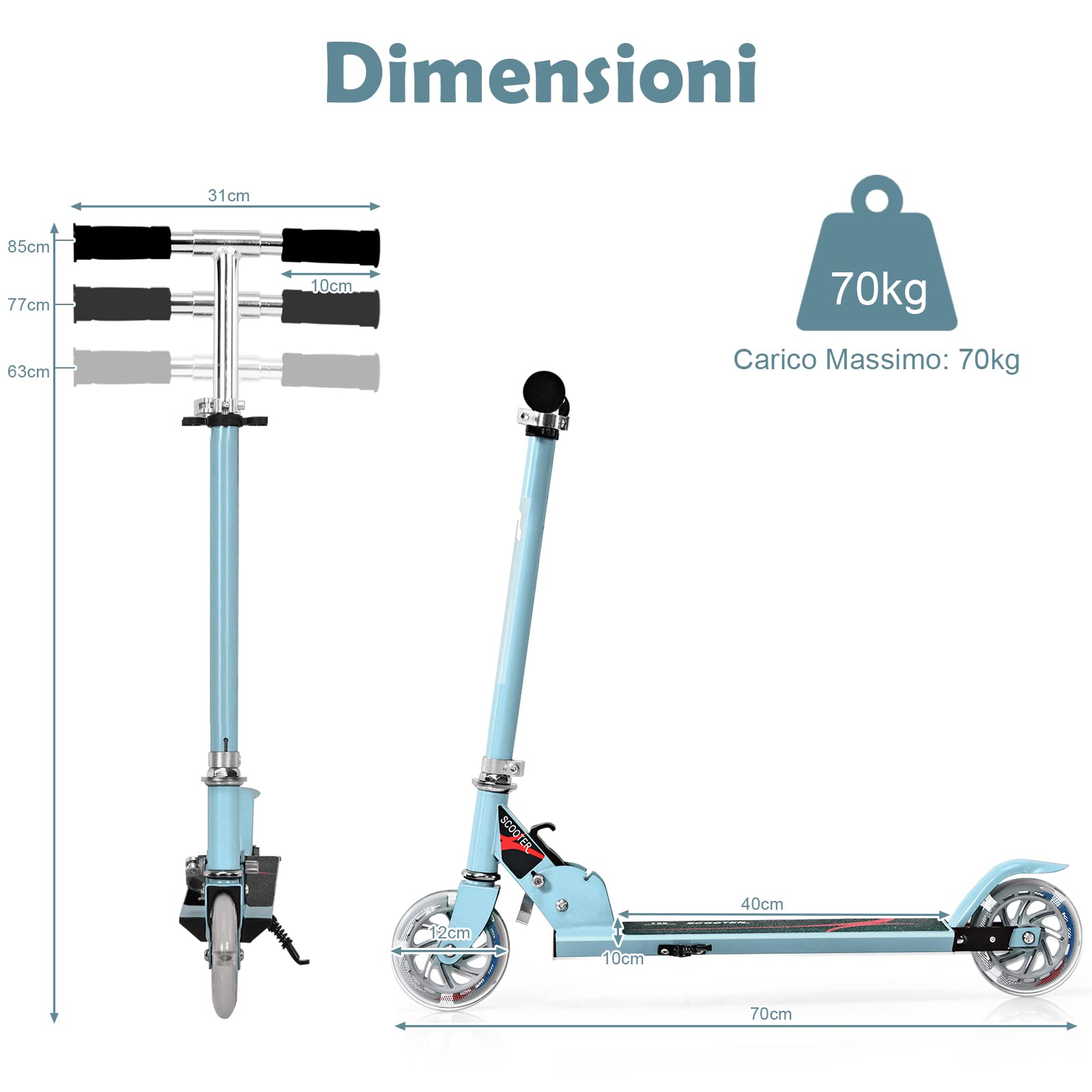 GYMAX Monopattino Bambino 4-13 Anni, Monopattino Pieghevole con 2 PU Ruote Luminose, Monopattino Bambina Regolabile a 3 Altezze 63-85 cm, Carico di 70 kg, Ideale Regalo