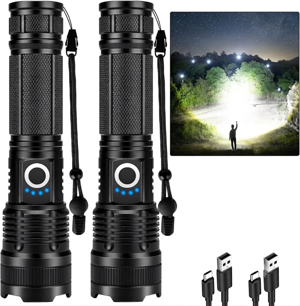 Paquete de 2 linternas recargables, 990,000 lúmenes altos, linterna LED con 5 modos, IPX7 impermeable, enfoque ajustable, potente luz de flash de mano para camping, senderismo, emergencia, uso