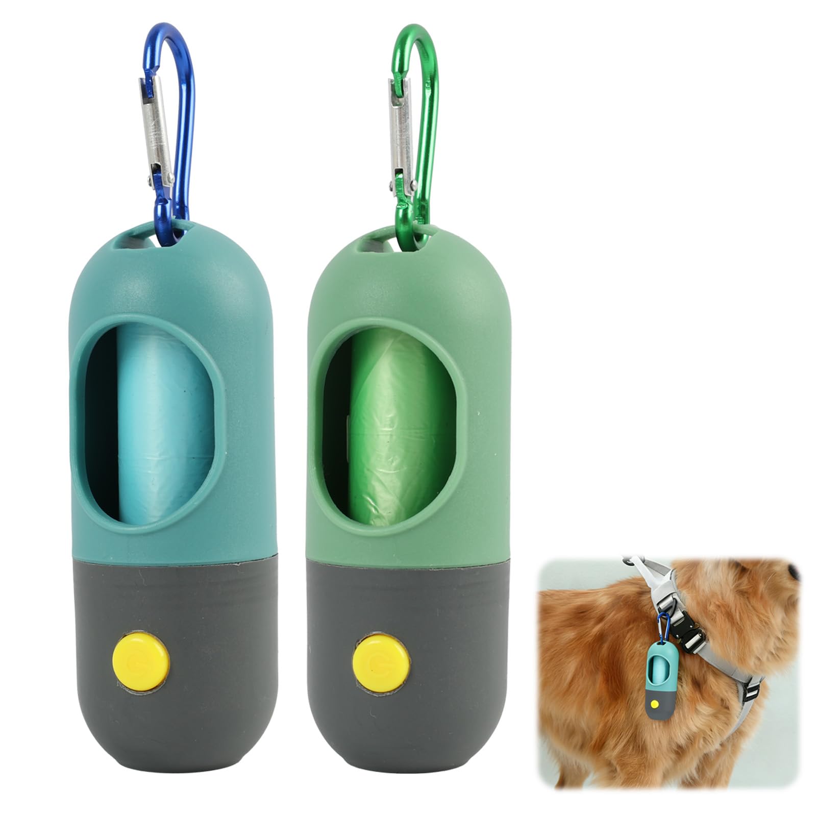 2Pcs Dog Poop Bag Dispenser with LED Flashlight, Dog Poo Bag Holder with Metal Carabiner Clip for Leash, Includes 15 Waste Bags Each, Portable for Night Walks