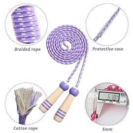 Jump Rope Kids, 7ft Adjustable Cotton Skipping Rope with Wooden Handle for Boys and Girls Fitness Outdoor Exercise (pink+Purple)