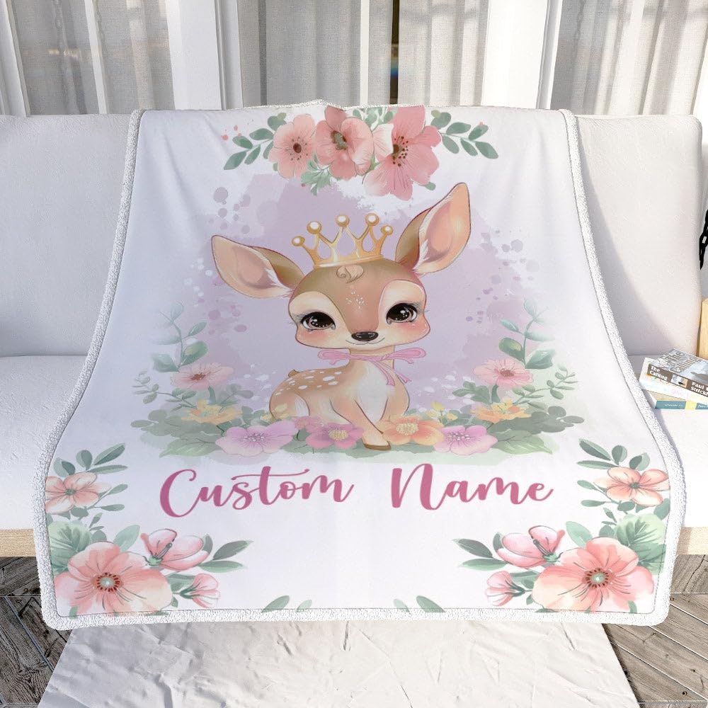 TeesNow Personalized Baby Girl Blanket with Custom Name Newborn Pink Flowers Deer Daughter Niece Granddaughter Birthday Christmas Customized Bed Fleece Throw Blanket (30 x 40 in Baby Size)