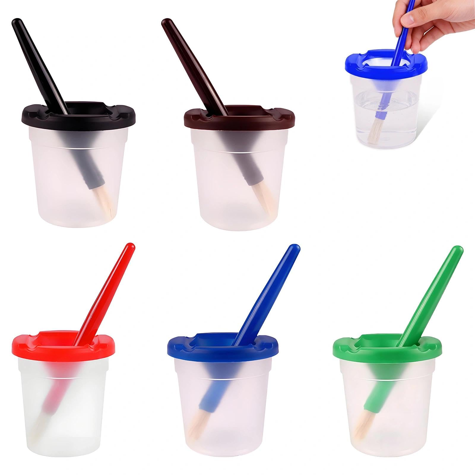 Juego de 5 vasos de pintura con tapa, cinco vasos de pintura a prueba de fugas con tapa y juego de 5 pinceles a prueba de fugas, ideal para acuarela y manualidades