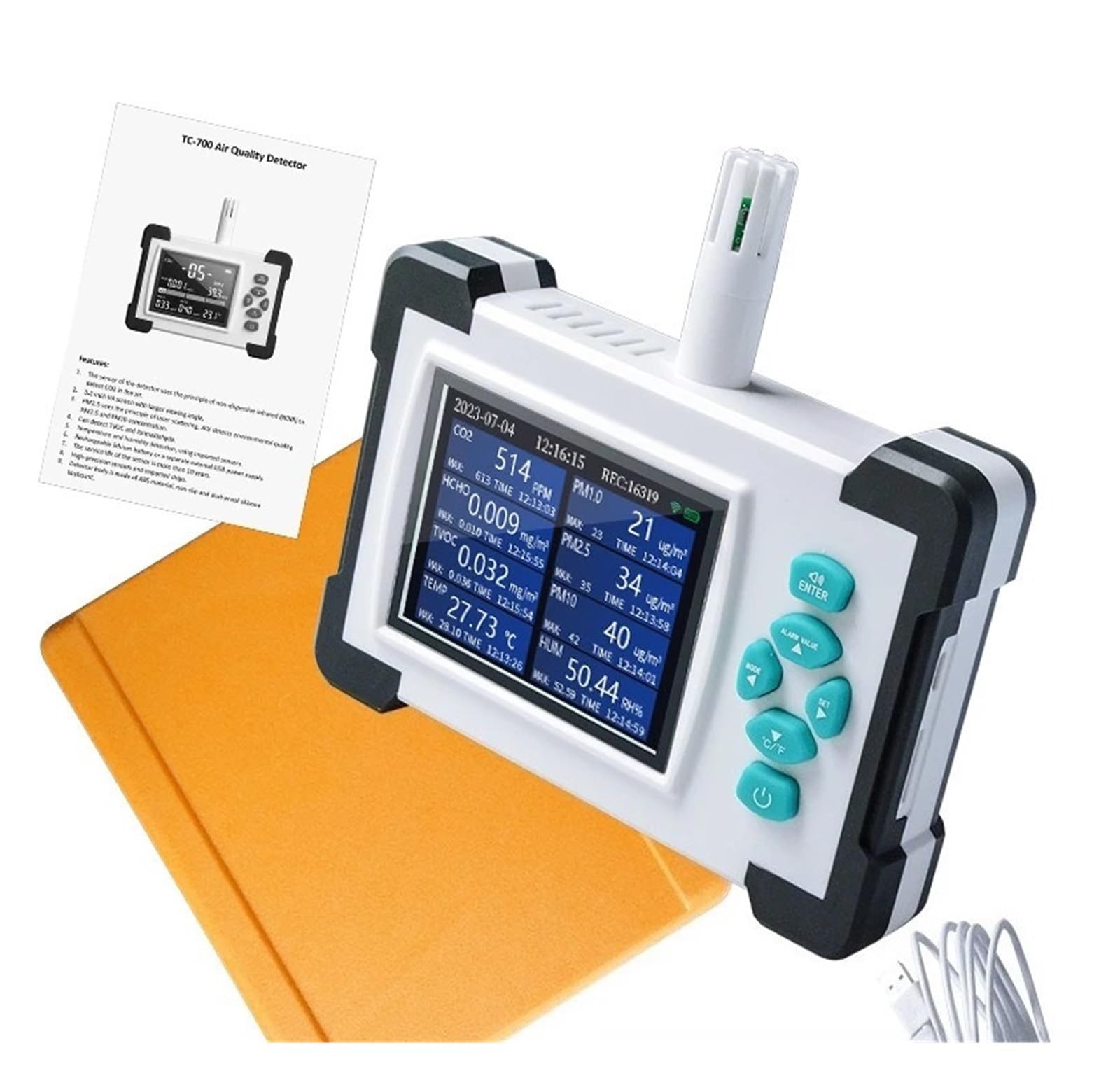 Monitor ści powietrza 8 w 1 Kolorowy ekran WiFi Detektor CO2 HCHO TVOC PM2.5