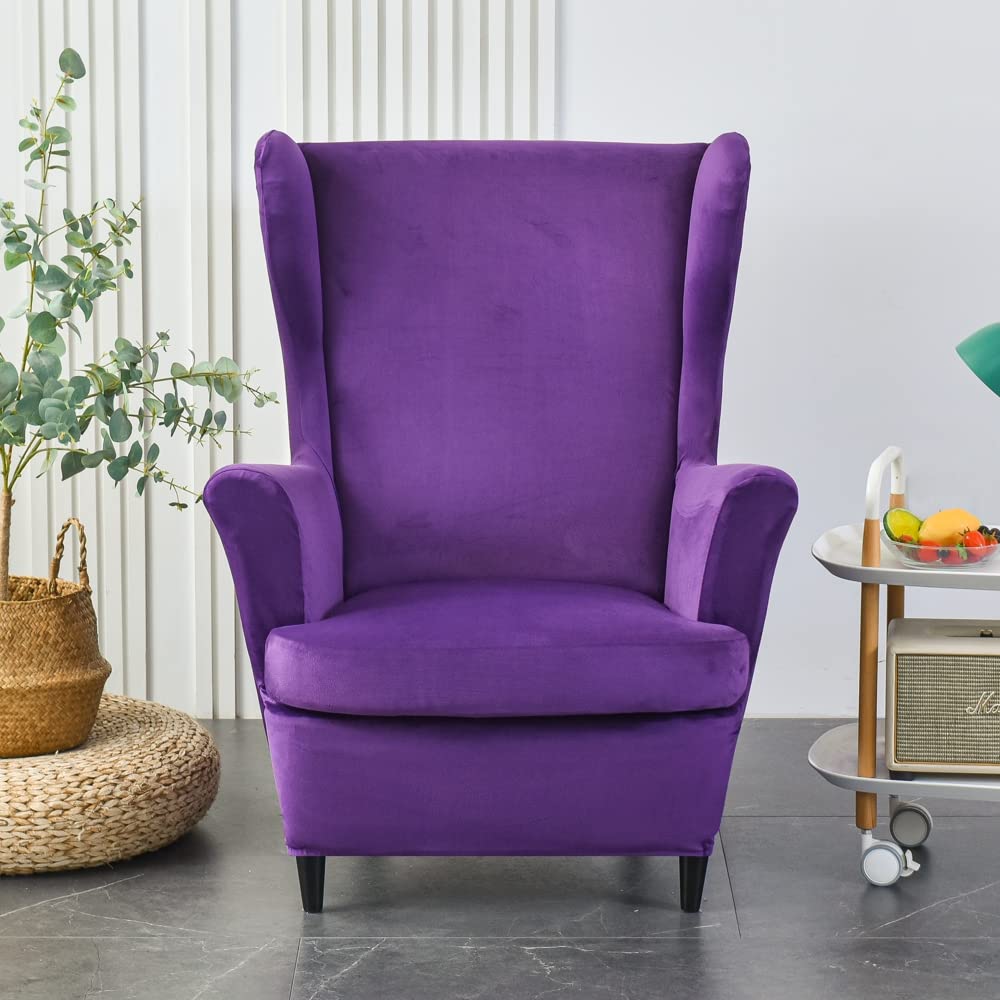 MIFXIN Wing Chair Slipcover 2 Piece Set Velvet Stretch Wingback Chair Cover with Cushion Cover Soft Washable Armchair Furniture Protector for Living Room Bedroom (Purple)