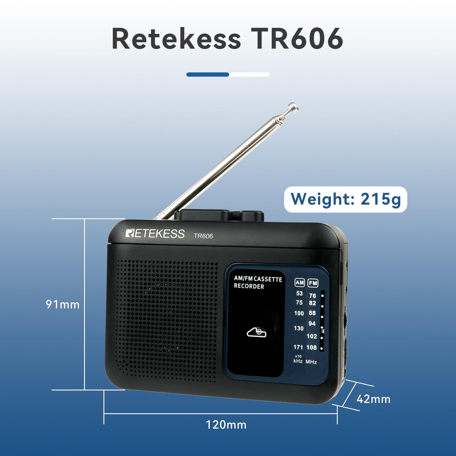 Retekess TR606 Przenośny Odtwarzacz Kasetowy, AM FM Radio(Czarny) | Dla Miłośników Muzyki, FM/AM, Dwa Sposoby Zasilania, Szybkie Przewijanie Do Przodu I Wstecz, Gniazdo Słuchawek 3,5mm
