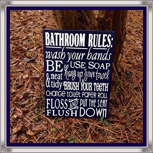 Bathroom Rules subway art Hand Painted Navy Blue & White on 12" x16" Canvas