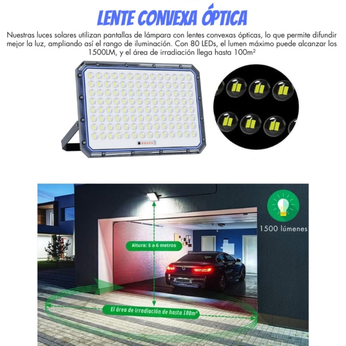 Reflector Solar LED de Alta Potencia Zhuan - 350 Watios - 320 Piezas LED - 6500K - con Panel Fotovoltaico Monocristalino y Batería LiFePO4 para Iluminación Exterior Eficiente y Ecológica