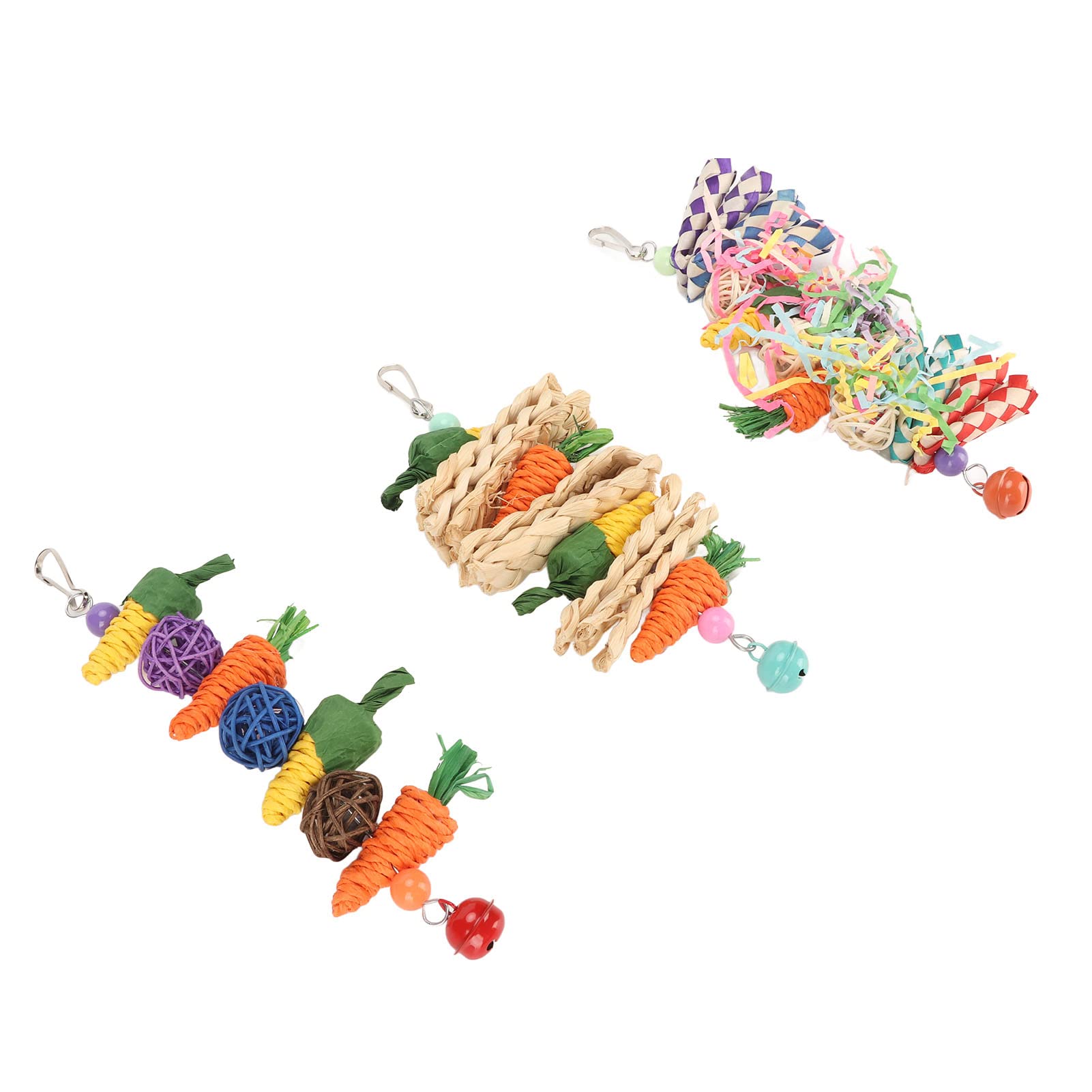 Set da 3 Giochi per Pappagalli Masticabili in Fibra Naturale Carote Intrecciate, Palline di Rattan e Giocattoli Sospesi per Budgie, Cocorite, Conuri
