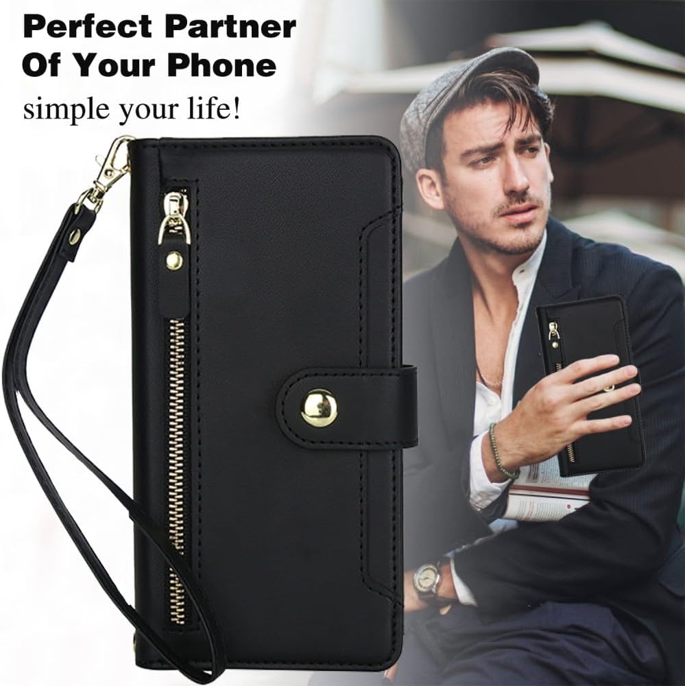 case Compatible with for iPhone 16 Pro (Color: Red) – Zipper Wallet Case Flip Leather Cover Strap