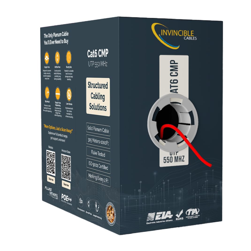 Cavo Plenum Cat6 da 304,8 m, 0,57 mm, 100% puro rame, 550 MHz, 23AWG, UTP |DSX-8000 Analizzatore testato fino a 100 m, 10 GB, PoE, PoE+ e PoE++, cavo più accreditato del settore (rosso)