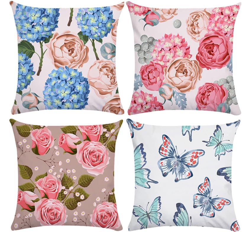 BAOKU Cushion Covers 45cm x 45cm Butterfly Rose Flowers Decorative Throw Pillow Covers 18x18Inch Square Cushion Cover Set of 4
