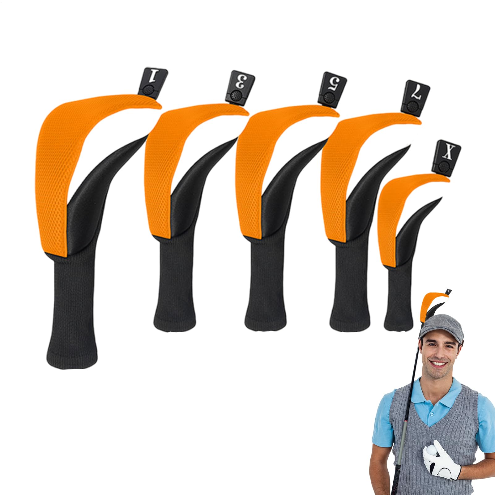 Lot de 5 housses de tête de club de golf - Driver en bois, couvre-chef de club de golf à col long | Housse de protection anti-poussière pour golf, hybride en bois antidérapant pour clubs hommes femmes