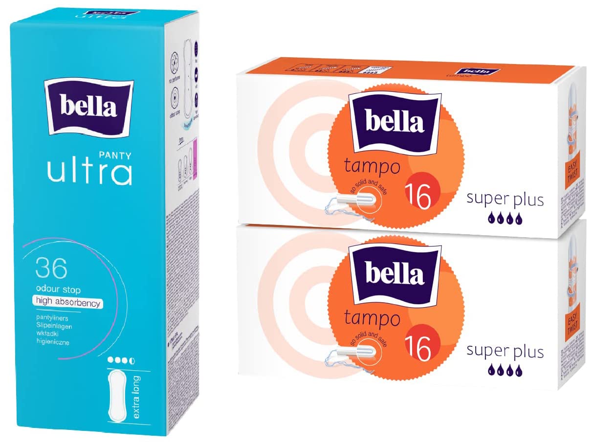 Bella Panty Ultra Extra Long Panty Liners 36Pcs & Bella Tampons Super Plus Easy Twist 32 Pcs