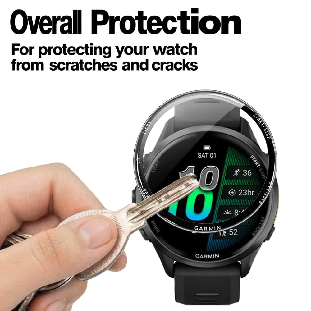 Ochraniacz ekranu zegarka (3 + 1 opakowanie) kompatybilny z Garmin Forerunner 970, pełne pokrycie, zakrzywiona ramka 3D, folia PET, odporna na zarysowania, wysoka rozdzielczość i etui ochronne TPU