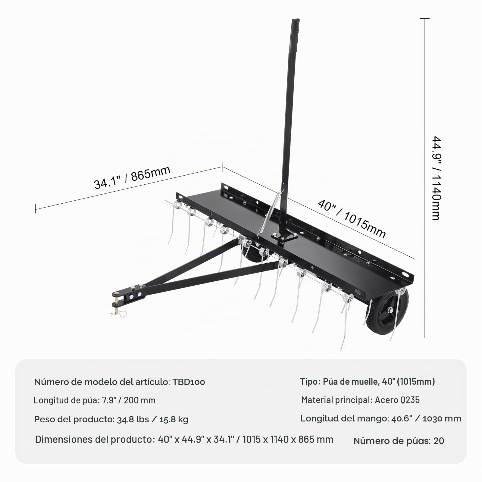 VEVOR Cortacéspedes de Remolque detrás de 1015 x 1140 x 865 mm con 20 Púas de Acero de Resorte, Rastrillo de Césped para ATV o Cortacésped, con Mango de Elevación para Césped de Granja de Jardín