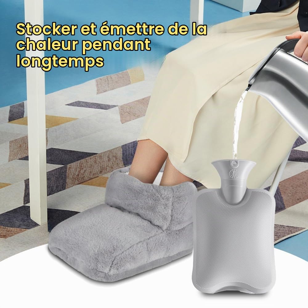 Chauffe-Pieds, Chauffe Pied Non Électrique, 2 in 1 Chauffe-Pieds Peluche avec 1L Bouillottes, Bottes Chauffants, Super Doux et Chaud, 30x25cm Chausson Chauffant pour Femme Homme (Gris)