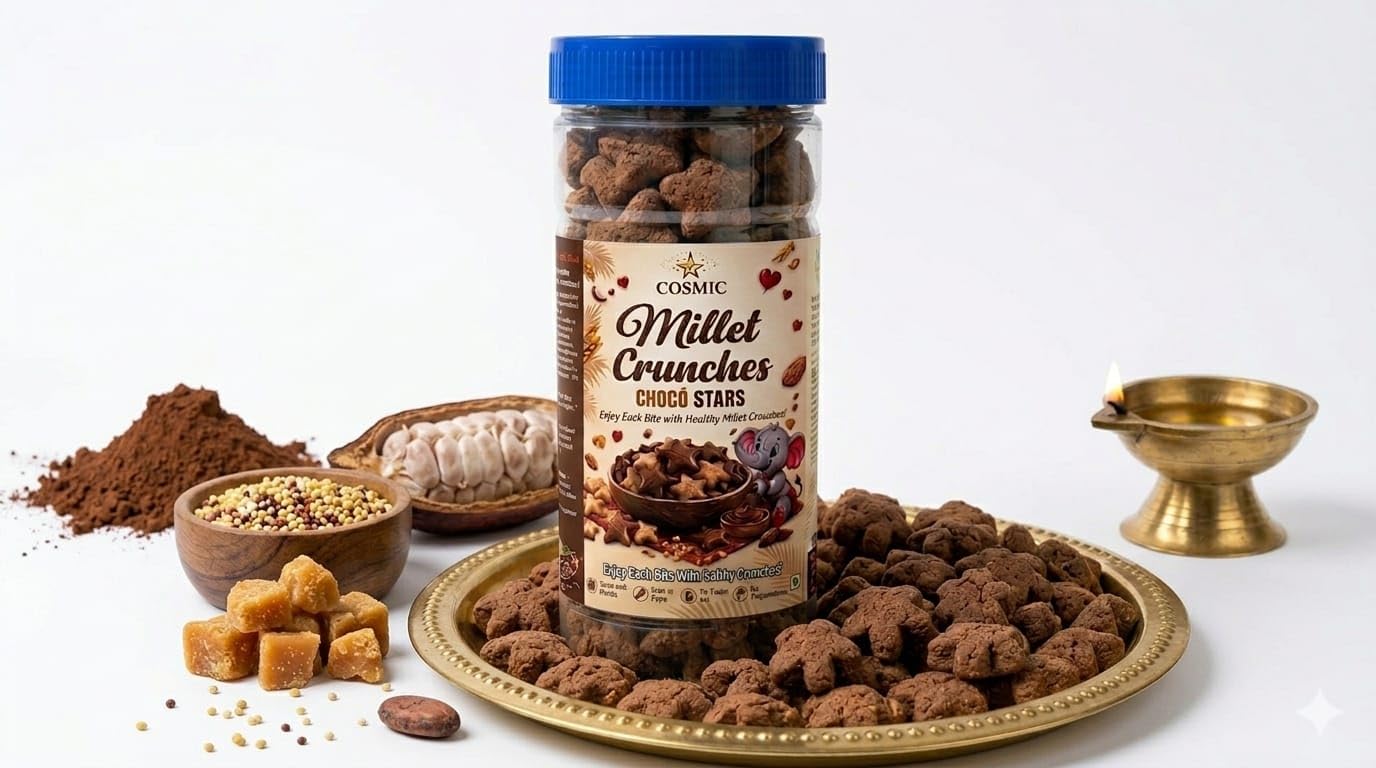 Cosmic Millet Crunches Choco Stars | Healthy Multi Millet Snack for Kids & Adults | Chocolate Flavour | Crunchy Star-Shaped Snack | Rich in Fibre | 80g-image-29