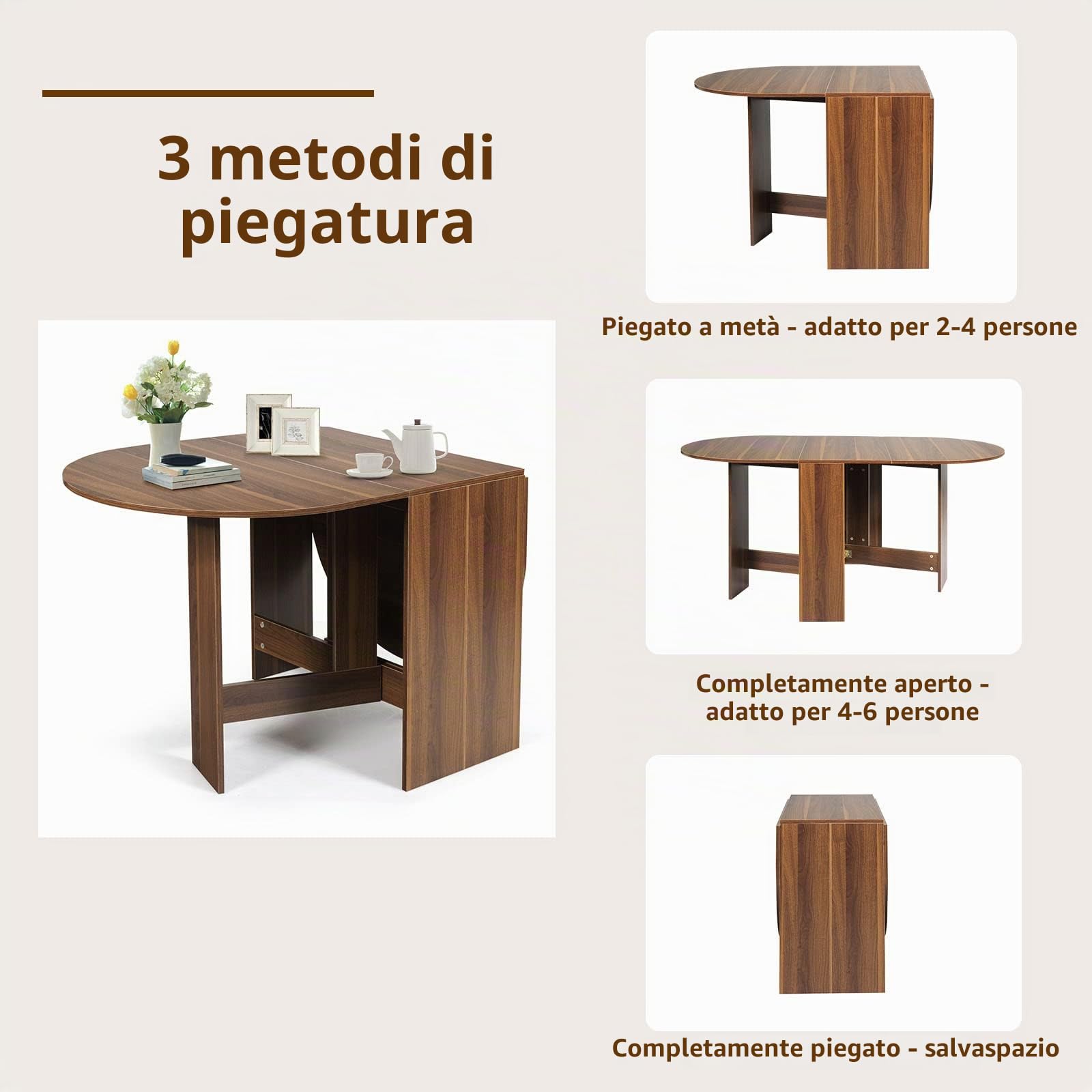LIFEZEAL Tavolo da Pranzo, Tavolo Pieghevole, Richiudibile, Allungabile, in Legno, per 4-7 Persone, per Cucina, Sala da Pranzo, Soggiorno, Ovale, Peso Max 60 kg, 163x80x75 cm, Marrone