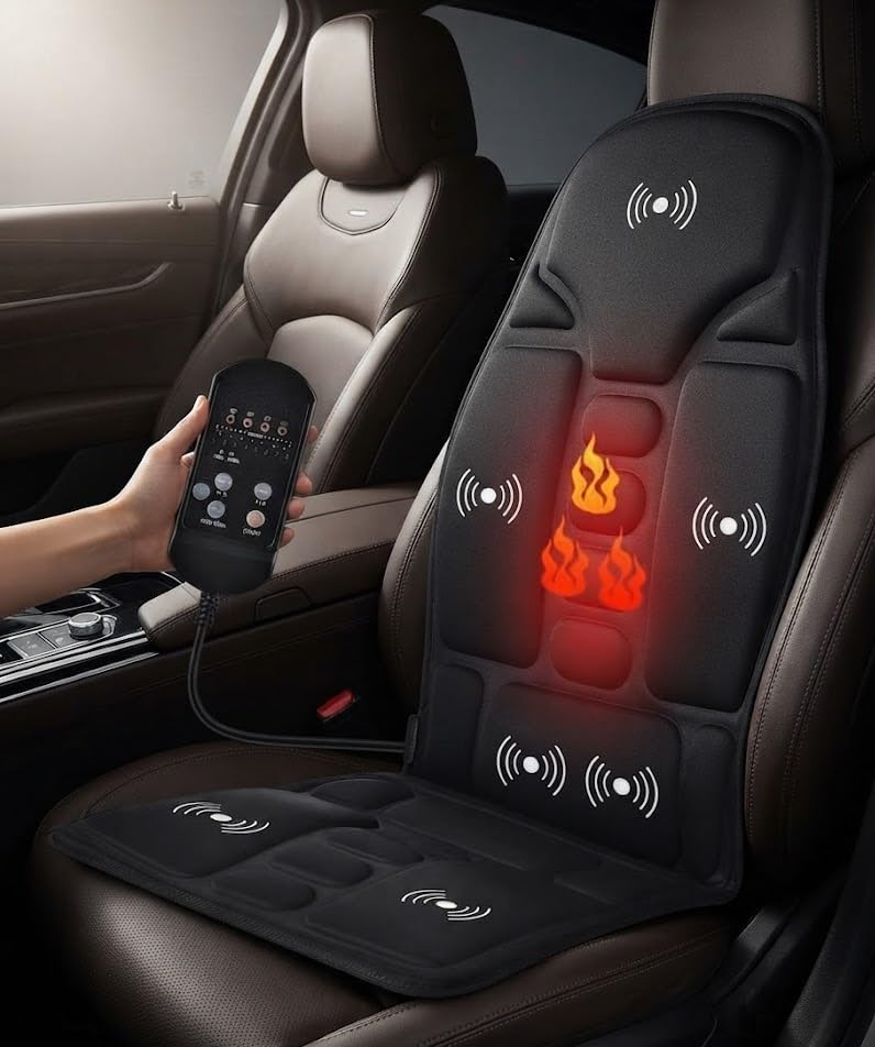 Image of Full Body Vibration Massage Seat Cushion with Heat, 8 Motor Car Seat Massager, Memory Foam Neck & Lumbar Support for Office Chair, Home, Driving, Gaming & Study Use