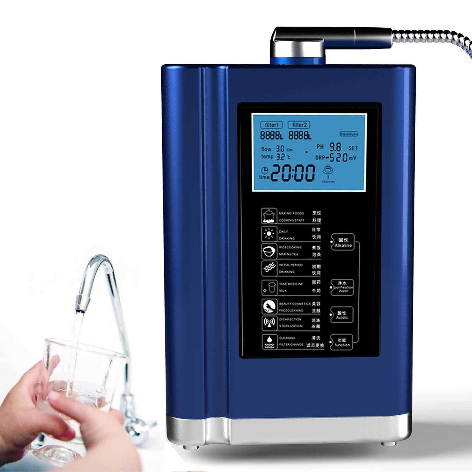 Macchina Ionizzatore Acqua Alcalina, Sistema di Filtraggio dell'Acqua Domestica PH 2,8-11, Filtro per Acqua Potabile Acida Alcalina Domestica LCD da 3,8 Pollici,12000 Litri per Filtro,Blue