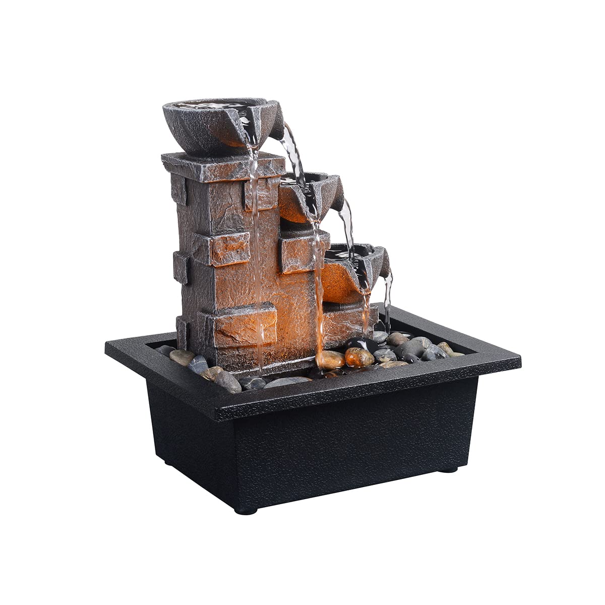 GOSSI Imitation 3-Tier Stone Wall Tabletop Fountain Many Natural River Rock Office Relaxing Waterfall Meditation Tabletop Fountain LED Lights Fountain(22070)