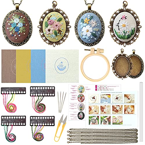 Image of ZOCONE 4 Packs Embroidery Necklace Kits, Embroidery Pendant Kit Mini Cross Stitch Kit with 4 Hoops, Necklace, Pendant, Stamped Pattern Cloth, Instructions, etc., Embroidery Kits for Adults