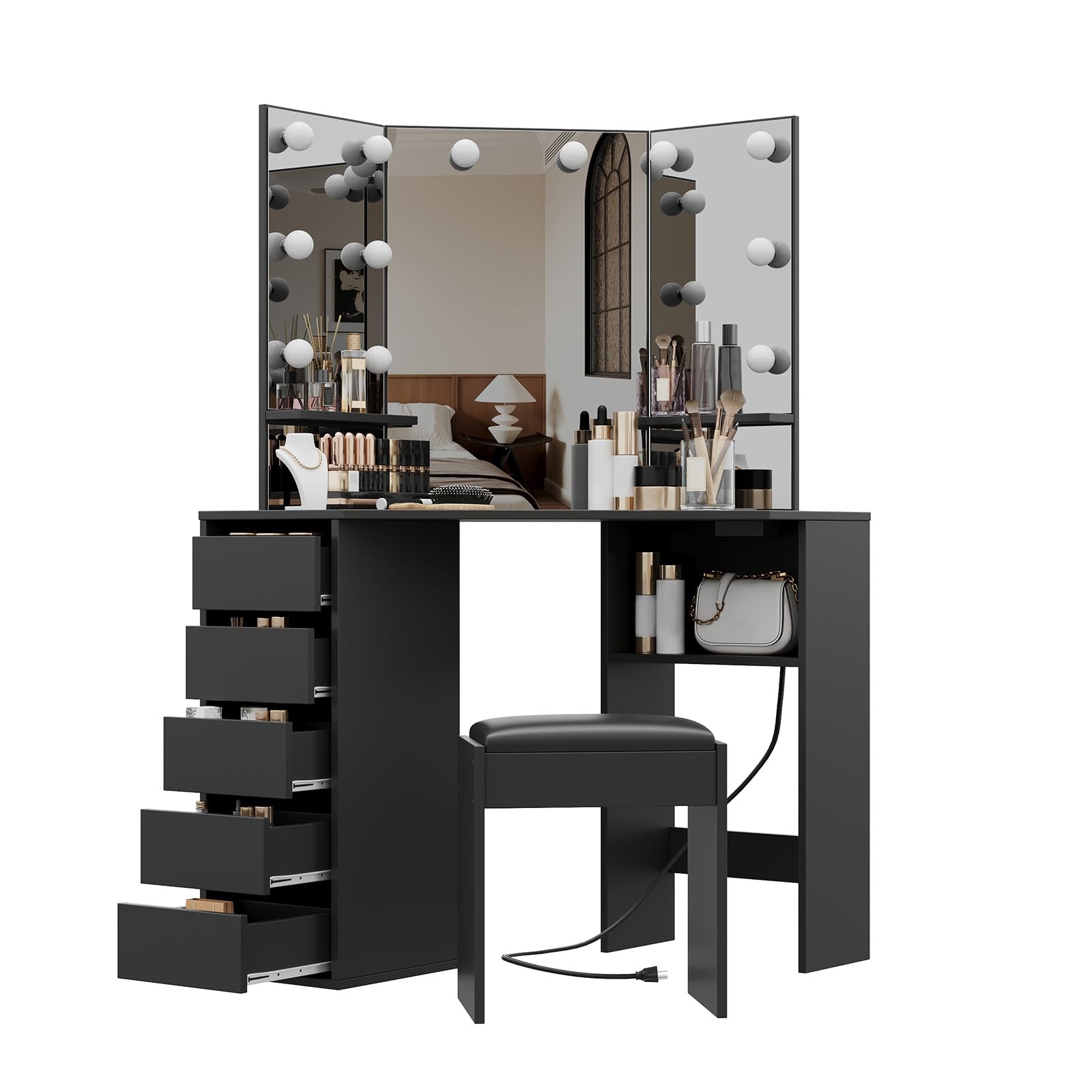 Tocador de esquina y taburete, escritorio de esquina con espejo y luces, tocador de maquillaje de esquina con toma de corriente, luz ajustable de 3 colores y brillo, tocador de maquillaje 5