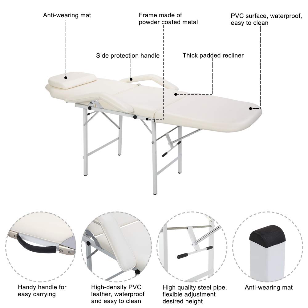 Tattoo Chair with Adjustable Leg Rest Bed Message Salon Spa Table Max Weight Capacity 500lbs White
