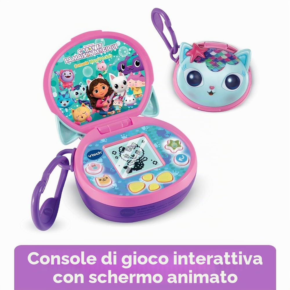 VTech - Gabby e La Casa Magica, Console Magi'Pocket, Mini Console di Gioco Portatile con Schermo Animato, 10 Quadranti, 4 Giochi, Regalo Bambino da 3 Anni a 7 Anni - Contenuto in Italiano