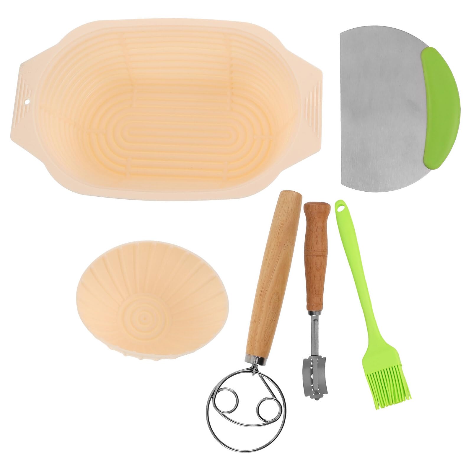 Beavorty Juego de Cestas de Fermentación Ovalada y Cuenco Pequeño de Silicona Beige para Pan Casero, Kit de Accesorios para Hacer Pan Cuchillo de Acero Inoxidable, Espátula y Cepillo