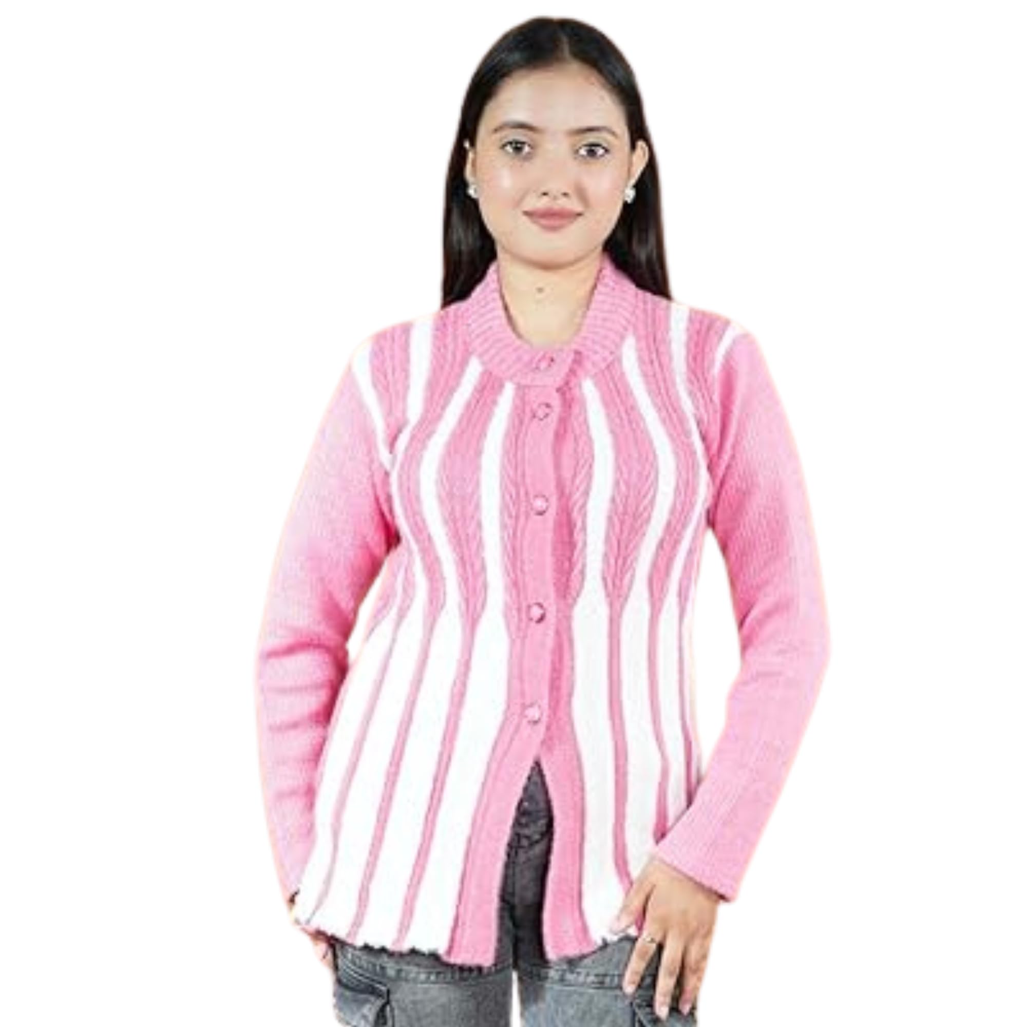 creative panther Women's Knitted Cardigan, Pink and White Striped Pattern, Button Front, Long Sleeve Winter Sweater-picture-43