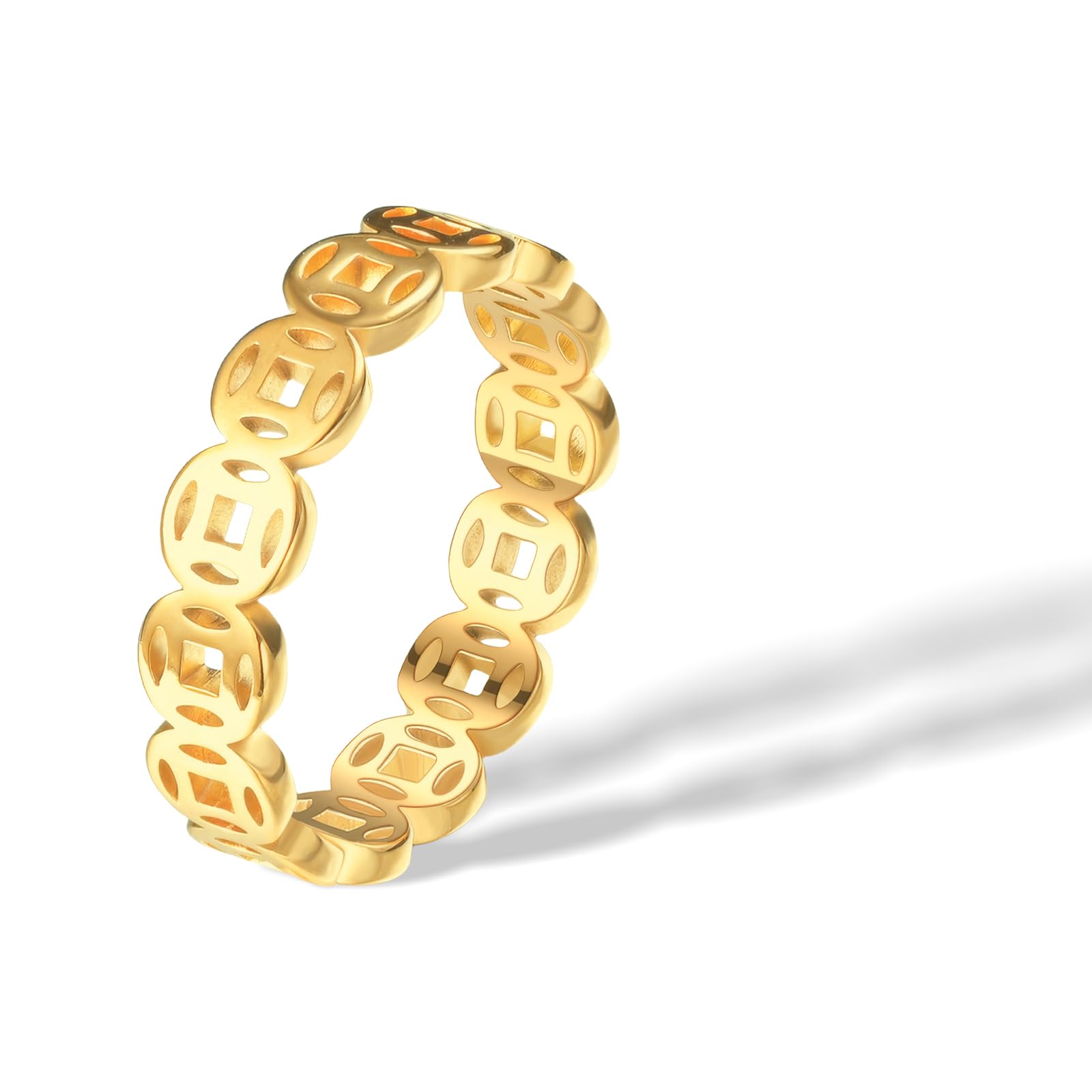 4mm Feng Shui Ring Copper Coin Ring for Women Men,18k Gold Plated Titanium and Stainless Steel Lucky Wealth Money Band
