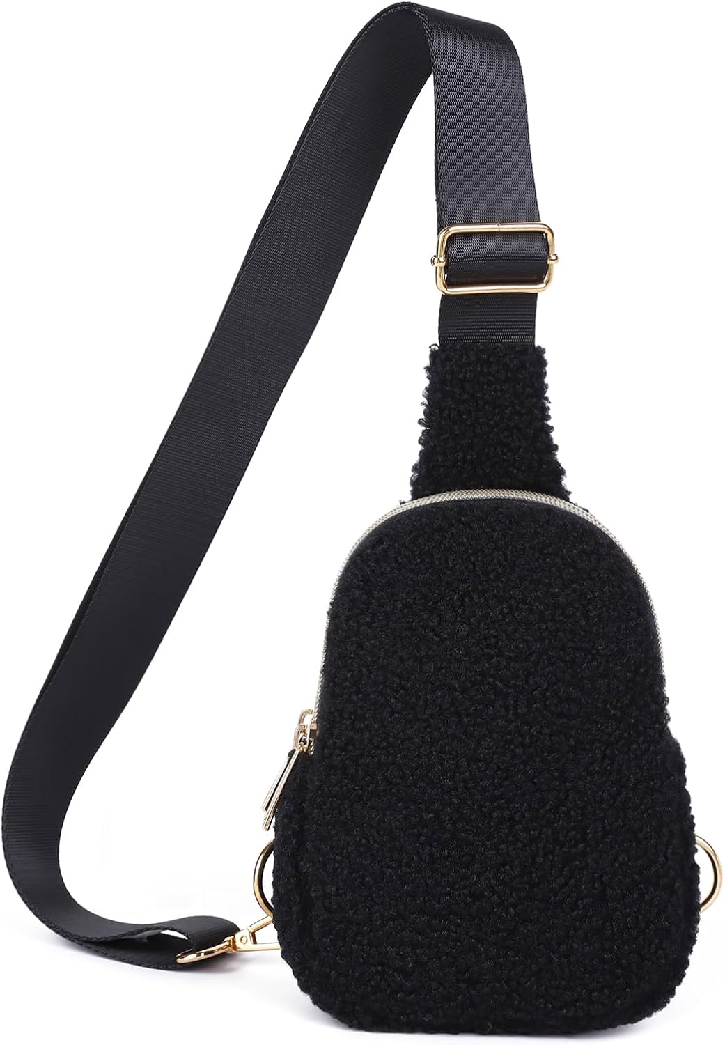 Fleece Sling Bag Crossbody, Sherpa Fanny Pack for Women, Fashionable Crossbody with Adjustable Strap, Black