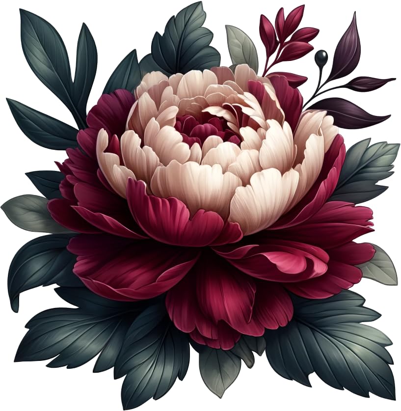 Single Burgundy Cream Peony Flower Vinyl Decals, Floral Decor, Wall Sticker