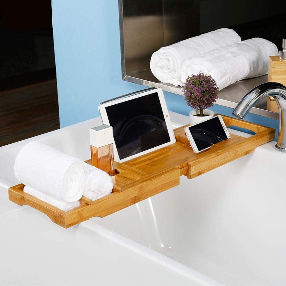 Estante para bañera, bandeja de bambú multifuncional, retráctil, soporte grande para teléfono, disfruta de tu tiempo de baño (75 x 23 x 4,5 cm, color bambú)