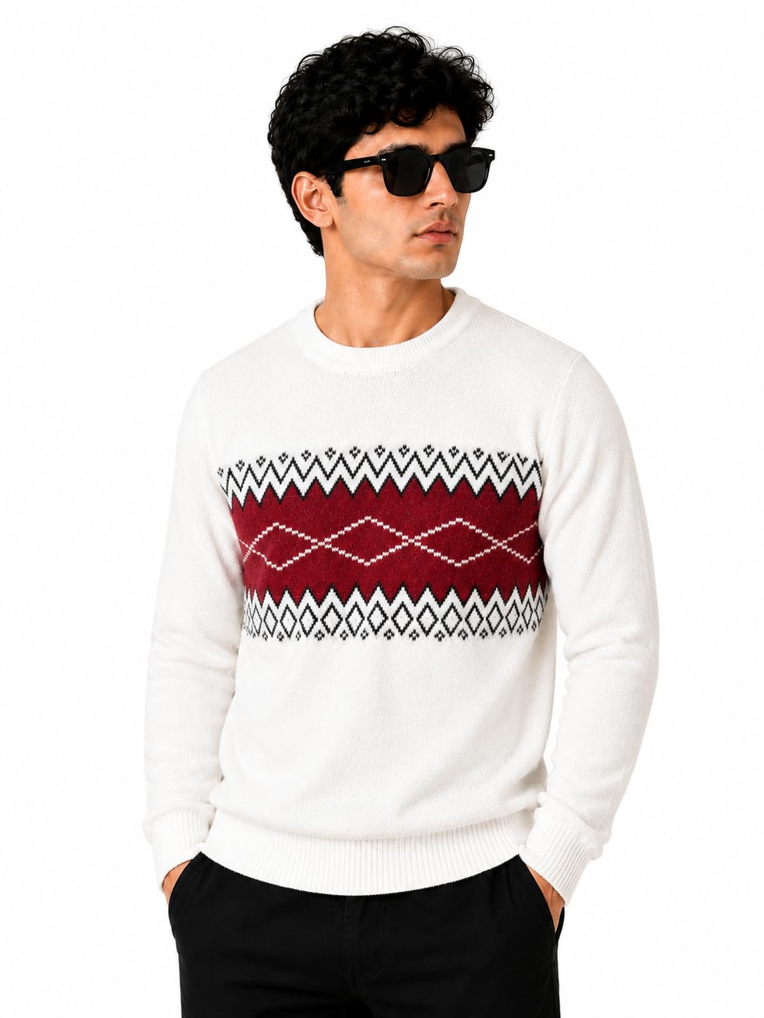 Men's Self Design Round Neck Full Sleeve Soft Knit Winter Pullover Regular Fit Casual Geometric Sweater for Men-picture-27