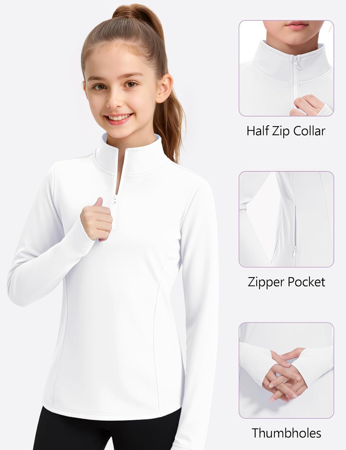 JOCMIC Girls Half Zip Athletic Jacket, Equestrian Horse Riding Long Sleeve Shirt, Kids Workout Jackets for Golf - Image 4