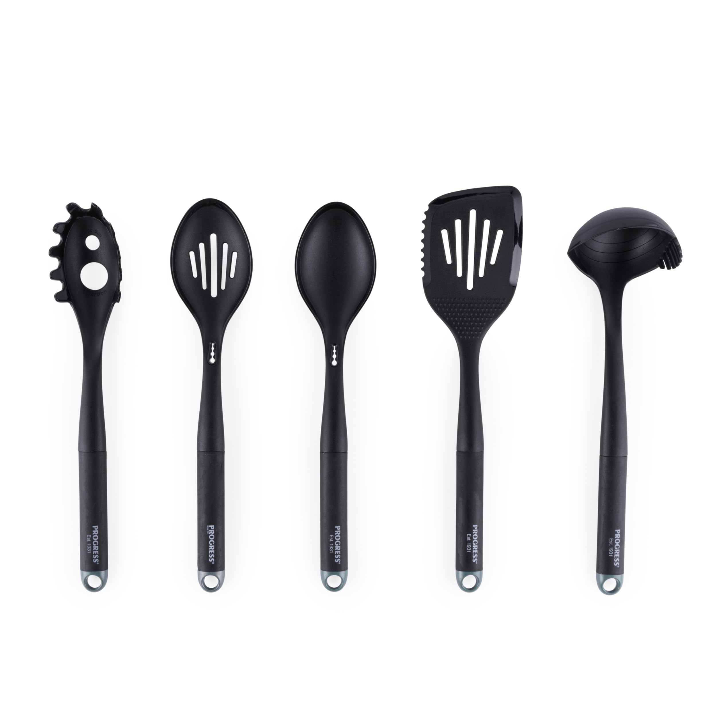 Progress BW09569GEU7 Shimmer Spaghetti Spoon, Multifunctional Non-Stick Safe Kitchen Utensil, Nylon, Ideal for Serving & Pasta, Two Hole Portion Guides, Hanging Hook, Soft-Touch Handle with Green Cuff