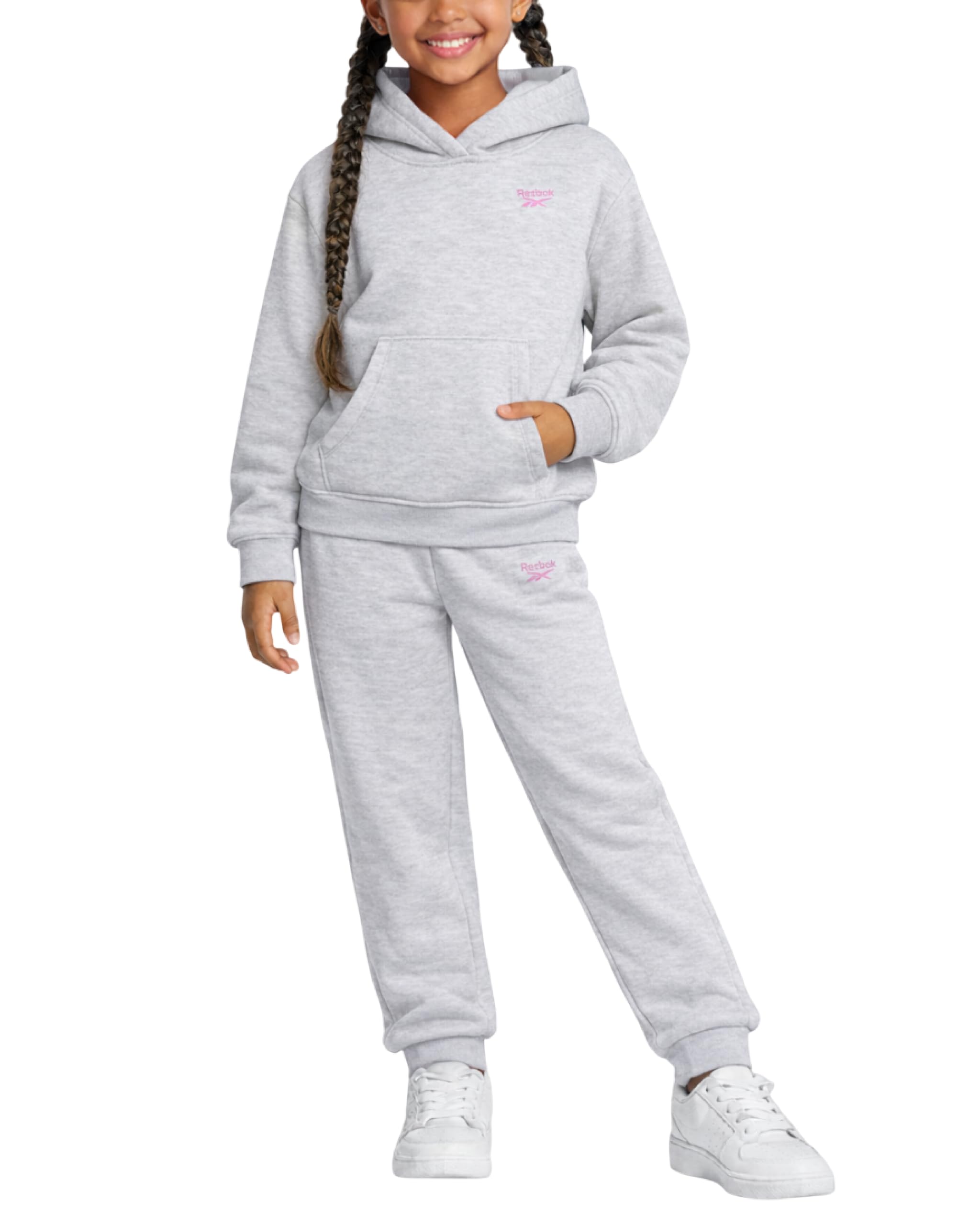 Reebok Girls' Sweatsuit Set of 2 Active Hoodie Sweatshirt and Jogger Trousers Activewear Set for Girls (4-12), Mottled light grey, 7