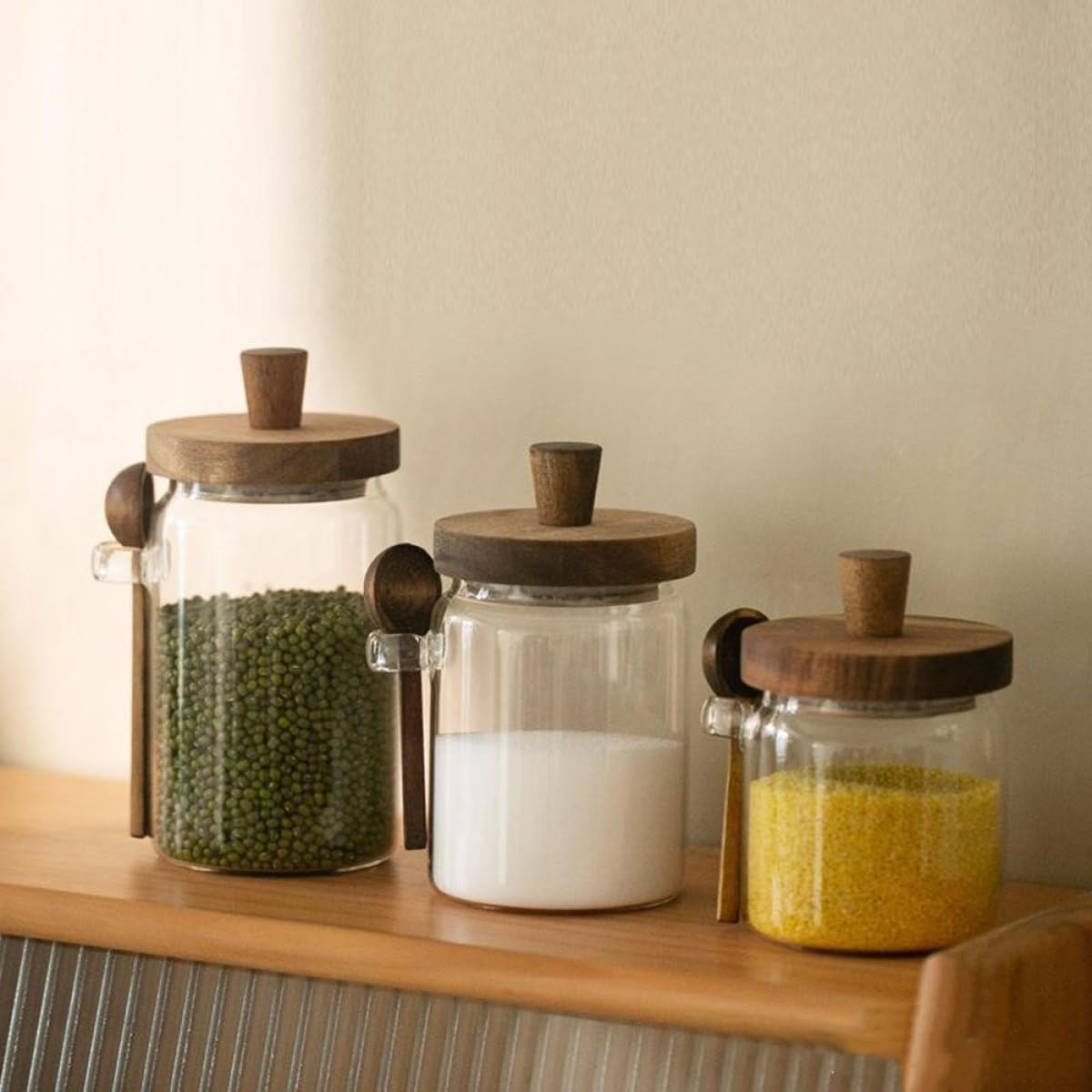 GALPADA Juego de 3 Frascos de y Capacidad 850ml, 550ml y 400ml para Especias con Tapa y Cuchara, Tarros de Condimento Herméticos Diseño Simple para Cocina